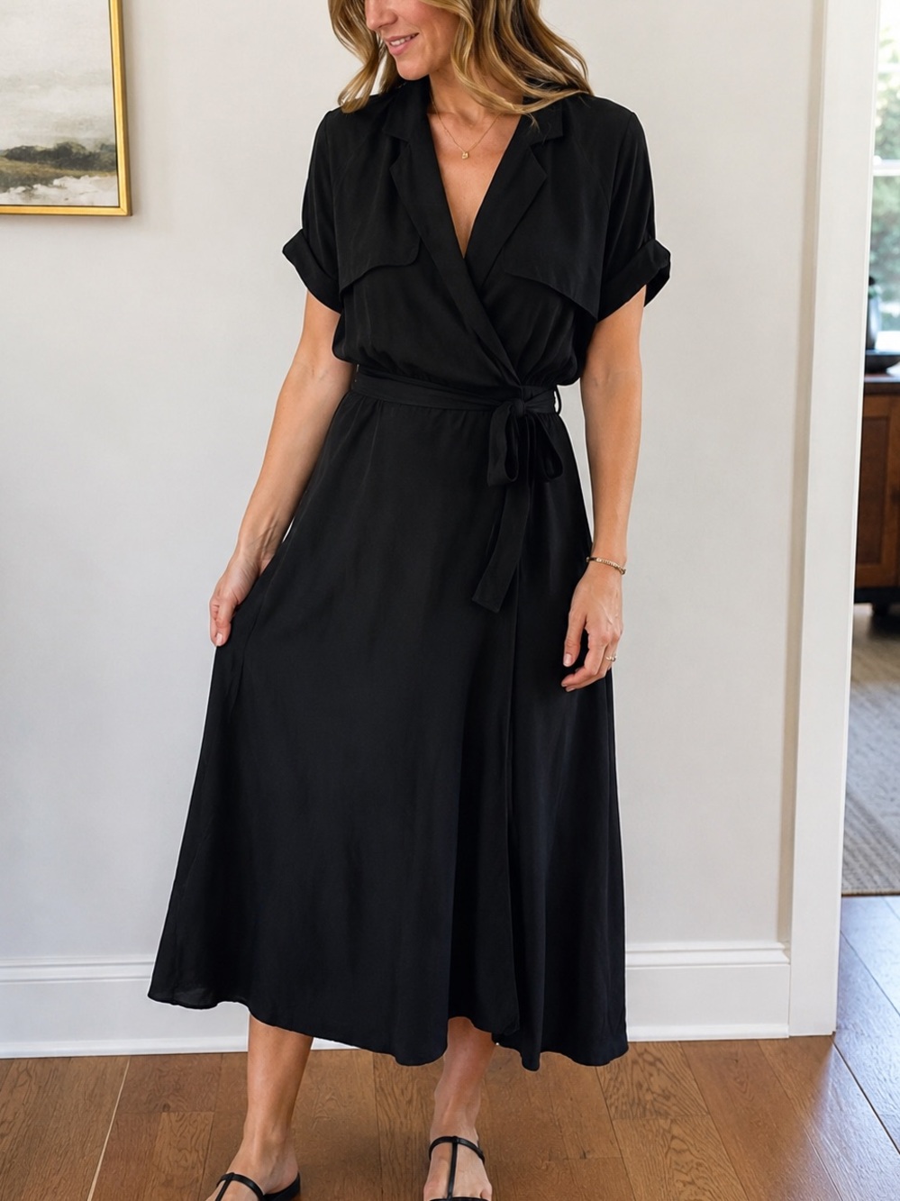 Billy Reid Black Safari Wrap Midi Dress Belted Made in USA Size L - Picture 1 of 8